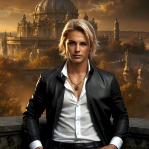 The Beautiful Young Men of the Golden City, is a collection of AI generated images of sexy, glamorous, handsome guys in the heavens. In this fantasy photograph of a young men in their late teens and 20's, overlooking a large golden city in the heavens. Generated to be as realistic as possible, in this this fantasy setting, with todays technology. Wearing jeans, an unbuttoned, vibrant, long-sleeve, button down shirt. The subject is enjoying a beautiful day outdoors. The mystical, galactic landscape, and the vibrant cosmic canopies, every detail, from the texture of the clouds, to the magnificent, majestic gothic architecture of the golden city, is crafted to create an atmosphere of reverence and divine glory. With a breathtaking scene, offering warm golden hour lighting. The heavenly landscape evokes a sense of freedom and tranquility, that is expresses through his facial features and smile, as day turns to night. The heavenly landscape evokes a sense of mysterious black space and light, with a vast galaxy that almost covers the image, the stars and constellations sparkle bright, in dark blue sky.