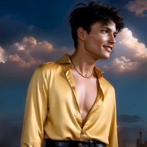 The Beautiful Young Men of the Golden City, is a collection of AI generated images of sexy, glamorous, handsome guys in the heavens. In this fantasy photograph of a young men in their late teens and 20's, overlooking a large golden city in the heavens. Generated to be as realistic as possible, in this this fantasy setting, with todays technology. Wearing jeans, an unbuttoned, vibrant, long-sleeve, button down shirt. The subject is enjoying a beautiful day outdoors. The mystical, galactic landscape, and the vibrant cosmic canopies, every detail, from the texture of the clouds, to the magnificent, majestic gothic architecture of the golden city, is crafted to create an atmosphere of reverence and divine glory. With a breathtaking scene, offering warm golden hour lighting. The heavenly landscape evokes a sense of freedom and tranquility, that is expresses through his facial features and smile, as day turns to night. The heavenly landscape evokes a sense of mysterious black space and light, with a vast galaxy that almost covers the image, the stars and constellations sparkle bright, in dark blue sky.