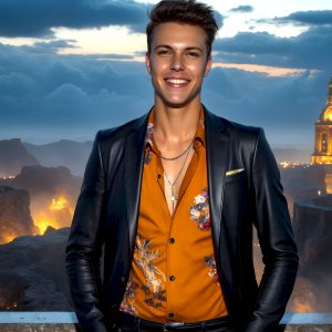 The Beautiful Young Men of the Golden City, is a collection of AI generated images of sexy, glamorous, handsome guys in the heavens. In this fantasy photograph of a young men in their late teens and 20's, overlooking a large golden city in the heavens. Generated to be as realistic as possible, in this this fantasy setting, with todays technology. Wearing jeans, an unbuttoned, vibrant, long-sleeve, button down shirt. The subject is enjoying a beautiful day outdoors. The mystical, galactic landscape, and the vibrant cosmic canopies, every detail, from the texture of the clouds, to the magnificent, majestic gothic architecture of the golden city, is crafted to create an atmosphere of reverence and divine glory. With a breathtaking scene, offering warm golden hour lighting. The heavenly landscape evokes a sense of freedom and tranquility, that is expresses through his facial features and smile, as day turns to night. The heavenly landscape evokes a sense of mysterious black space and light, with a vast galaxy that almost covers the image, the stars and constellations sparkle bright, in dark blue sky.