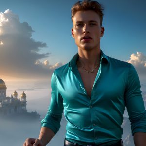 The Beautiful Young Men of the Golden City, is a collection of AI generated images of sexy, glamorous, handsome guys in the heavens. In this fantasy photograph of a young men in their late teens and 20's, overlooking a large golden city in the heavens. Generated to be as realistic as possible, in this this fantasy setting, with todays technology. Wearing jeans, an unbuttoned, vibrant, long-sleeve, button down shirt. The subject is enjoying a beautiful day outdoors. The mystical, galactic landscape, and the vibrant cosmic canopies, every detail, from the texture of the clouds, to the magnificent, majestic gothic architecture of the golden city, is crafted to create an atmosphere of reverence and divine glory. With a breathtaking scene, offering warm golden hour lighting. The heavenly landscape evokes a sense of freedom and tranquility, that is expresses through his facial features and smile, as day turns to night. The heavenly landscape evokes a sense of mysterious black space and light, with a vast galaxy that almost covers the image, the stars and constellations sparkle bright, in dark blue sky.