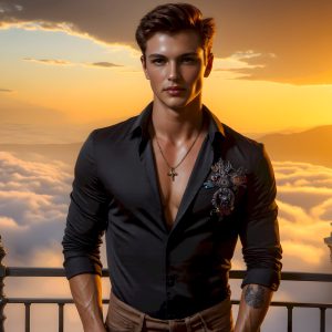 The Beautiful Young Men of the Golden City, is a collection of AI generated images of sexy, glamorous, handsome guys in the heavens. In this fantasy photograph of a young men in their late teens and 20's, overlooking a large golden city in the heavens. Generated to be as realistic as possible, in this this fantasy setting, with todays technology. Wearing jeans, an unbuttoned, vibrant, long-sleeve, button down shirt. The subject is enjoying a beautiful day outdoors. The mystical, galactic landscape, and the vibrant cosmic canopies, every detail, from the texture of the clouds, to the magnificent, majestic gothic architecture of the golden city, is crafted to create an atmosphere of reverence and divine glory. With a breathtaking scene, offering warm golden hour lighting. The heavenly landscape evokes a sense of freedom and tranquility, that is expresses through his facial features and smile, as day turns to night. The heavenly landscape evokes a sense of mysterious black space and light, with a vast galaxy that almost covers the image, the stars and constellations sparkle bright, in dark blue sky.