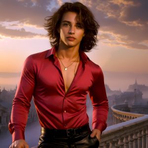 The Beautiful Young Men of the Golden City, is a collection of AI generated images of sexy, glamorous, handsome guys in the heavens. In this fantasy photograph of a young men in their late teens and 20's, overlooking a large golden city in the heavens. Generated to be as realistic as possible, in this this fantasy setting, with todays technology. Wearing jeans, an unbuttoned, vibrant, long-sleeve, button down shirt. The subject is enjoying a beautiful day outdoors. The mystical, galactic landscape, and the vibrant cosmic canopies, every detail, from the texture of the clouds, to the magnificent, majestic gothic architecture of the golden city, is crafted to create an atmosphere of reverence and divine glory. With a breathtaking scene, offering warm golden hour lighting. The heavenly landscape evokes a sense of freedom and tranquility, that is expresses through his facial features and smile, as day turns to night. The heavenly landscape evokes a sense of mysterious black space and light, with a vast galaxy that almost covers the image, the stars and constellations sparkle bright, in dark blue sky.