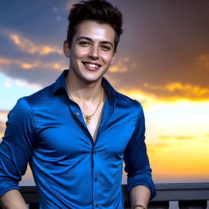 The Beautiful Young Men of the Golden City, is a collection of AI generated images of sexy, glamorous, handsome guys in the heavens. In this fantasy photograph of a young men in their late teens and 20's, overlooking a large golden city in the heavens. Generated to be as realistic as possible, in this this fantasy setting, with todays technology. Wearing jeans, an unbuttoned, vibrant, long-sleeve, button down shirt. The subject is enjoying a beautiful day outdoors. The mystical, galactic landscape, and the vibrant cosmic canopies, every detail, from the texture of the clouds, to the magnificent, majestic gothic architecture of the golden city, is crafted to create an atmosphere of reverence and divine glory. With a breathtaking scene, offering warm golden hour lighting. The heavenly landscape evokes a sense of freedom and tranquility, that is expresses through his facial features and smile, as day turns to night. The heavenly landscape evokes a sense of mysterious black space and light, with a vast galaxy that almost covers the image, the stars and constellations sparkle bright, in dark blue sky.