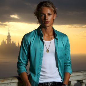 The Beautiful Young Men of the Golden City, is a collection of AI generated images of sexy, glamorous, handsome guys in the heavens. In this fantasy photograph of a young men in their late teens and 20's, overlooking a large golden city in the heavens. Generated to be as realistic as possible, in this this fantasy setting, with todays technology. Wearing jeans, an unbuttoned, vibrant, long-sleeve, button down shirt. The subject is enjoying a beautiful day outdoors. The mystical, galactic landscape, and the vibrant cosmic canopies, every detail, from the texture of the clouds, to the magnificent, majestic gothic architecture of the golden city, is crafted to create an atmosphere of reverence and divine glory. With a breathtaking scene, offering warm golden hour lighting. The heavenly landscape evokes a sense of freedom and tranquility, that is expresses through his facial features and smile, as day turns to night. The heavenly landscape evokes a sense of mysterious black space and light, with a vast galaxy that almost covers the image, the stars and constellations sparkle bright, in dark blue sky.