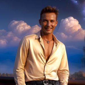 The Beautiful Young Men of the Golden City, is a collection of AI generated images of sexy, glamorous, handsome guys in the heavens. In this fantasy photograph of a young men in their late teens and 20's, overlooking a large golden city in the heavens. Generated to be as realistic as possible, in this this fantasy setting, with todays technology. Wearing jeans, an unbuttoned, vibrant, long-sleeve, button down shirt. The subject is enjoying a beautiful day outdoors. The mystical, galactic landscape, and the vibrant cosmic canopies, every detail, from the texture of the clouds, to the magnificent, majestic gothic architecture of the golden city, is crafted to create an atmosphere of reverence and divine glory. With a breathtaking scene, offering warm golden hour lighting. The heavenly landscape evokes a sense of freedom and tranquility, that is expresses through his facial features and smile, as day turns to night. The heavenly landscape evokes a sense of mysterious black space and light, with a vast galaxy that almost covers the image, the stars and constellations sparkle bright, in dark blue sky.