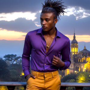 The Beautiful Young Men of the Golden City, is a collection of AI generated images of sexy, glamorous, handsome guys in the heavens. In this fantasy photograph of a young men in their late teens and 20's, overlooking a large golden city in the heavens. Generated to be as realistic as possible, in this this fantasy setting, with todays technology. Wearing jeans, an unbuttoned, vibrant, long-sleeve, button down shirt. The subject is enjoying a beautiful day outdoors. The mystical, galactic landscape, and the vibrant cosmic canopies, every detail, from the texture of the clouds, to the magnificent, majestic gothic architecture of the golden city, is crafted to create an atmosphere of reverence and divine glory. With a breathtaking scene, offering warm golden hour lighting. The heavenly landscape evokes a sense of freedom and tranquility, that is expresses through his facial features and smile, as day turns to night. The heavenly landscape evokes a sense of mysterious black space and light, with a vast galaxy that almost covers the image, the stars and constellations sparkle bright, in dark blue sky.