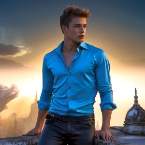 The Beautiful Young Men of the Golden City, is a collection of AI generated images of sexy, glamorous, handsome guys in the heavens. In this fantasy photograph of a young men in their late teens and 20's, overlooking a large golden city in the heavens. Generated to be as realistic as possible, in this this fantasy setting, with todays technology. Wearing jeans, an unbuttoned, vibrant, long-sleeve, button down shirt. The subject is enjoying a beautiful day outdoors. The mystical, galactic landscape, and the vibrant cosmic canopies, every detail, from the texture of the clouds, to the magnificent, majestic gothic architecture of the golden city, is crafted to create an atmosphere of reverence and divine glory. With a breathtaking scene, offering warm golden hour lighting. The heavenly landscape evokes a sense of freedom and tranquility, that is expresses through his facial features and smile, as day turns to night. The heavenly landscape evokes a sense of mysterious black space and light, with a vast galaxy that almost covers the image, the stars and constellations sparkle bright, in dark blue sky.