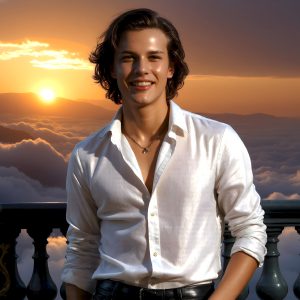 The Beautiful Young Men of the Golden City, is a collection of AI generated images of sexy, glamorous, handsome guys in the heavens. In this fantasy photograph of a young men in their late teens and 20's, overlooking a large golden city in the heavens. Generated to be as realistic as possible, in this this fantasy setting, with todays technology. Wearing jeans, an unbuttoned, vibrant, long-sleeve, button down shirt. The subject is enjoying a beautiful day outdoors. The mystical, galactic landscape, and the vibrant cosmic canopies, every detail, from the texture of the clouds, to the magnificent, majestic gothic architecture of the golden city, is crafted to create an atmosphere of reverence and divine glory. With a breathtaking scene, offering warm golden hour lighting. The heavenly landscape evokes a sense of freedom and tranquility, that is expresses through his facial features and smile, as day turns to night. The heavenly landscape evokes a sense of mysterious black space and light, with a vast galaxy that almost covers the image, the stars and constellations sparkle bright, in dark blue sky.