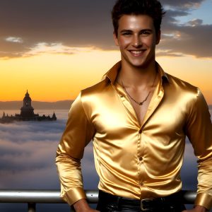The Beautiful Young Men of the Golden City, is a collection of AI generated images of sexy, glamorous, handsome guys in the heavens. In this fantasy photograph of a young men in their late teens and 20's, overlooking a large golden city in the heavens. Generated to be as realistic as possible, in this this fantasy setting, with todays technology. Wearing jeans, an unbuttoned, vibrant, long-sleeve, button down shirt. The subject is enjoying a beautiful day outdoors. The mystical, galactic landscape, and the vibrant cosmic canopies, every detail, from the texture of the clouds, to the magnificent, majestic gothic architecture of the golden city, is crafted to create an atmosphere of reverence and divine glory. With a breathtaking scene, offering warm golden hour lighting. The heavenly landscape evokes a sense of freedom and tranquility, that is expresses through his facial features and smile, as day turns to night. The heavenly landscape evokes a sense of mysterious black space and light, with a vast galaxy that almost covers the image, the stars and constellations sparkle bright, in dark blue sky.