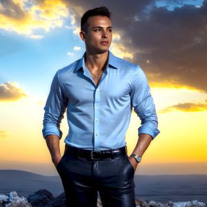 The Beautiful Young Men of the Golden City, is a collection of AI generated images of sexy, glamorous, handsome guys in the heavens. In this fantasy photograph of a young men in their late teens and 20's, overlooking a large golden city in the heavens. Generated to be as realistic as possible, in this this fantasy setting, with todays technology. Wearing jeans, an unbuttoned, vibrant, long-sleeve, button down shirt. The subject is enjoying a beautiful day outdoors. The mystical, galactic landscape, and the vibrant cosmic canopies, every detail, from the texture of the clouds, to the magnificent, majestic gothic architecture of the golden city, is crafted to create an atmosphere of reverence and divine glory. With a breathtaking scene, offering warm golden hour lighting. The heavenly landscape evokes a sense of freedom and tranquility, that is expresses through his facial features and smile, as day turns to night. The heavenly landscape evokes a sense of mysterious black space and light, with a vast galaxy that almost covers the image, the stars and constellations sparkle bright, in dark blue sky.