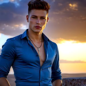 The Beautiful Young Men of the Golden City, is a collection of AI generated images of sexy, glamorous, handsome guys in the heavens. In this fantasy photograph of a young men in their late teens and 20's, overlooking a large golden city in the heavens. Generated to be as realistic as possible, in this this fantasy setting, with todays technology. Wearing jeans, an unbuttoned, vibrant, long-sleeve, button down shirt. The subject is enjoying a beautiful day outdoors. The mystical, galactic landscape, and the vibrant cosmic canopies, every detail, from the texture of the clouds, to the magnificent, majestic gothic architecture of the golden city, is crafted to create an atmosphere of reverence and divine glory. With a breathtaking scene, offering warm golden hour lighting. The heavenly landscape evokes a sense of freedom and tranquility, that is expresses through his facial features and smile, as day turns to night. The heavenly landscape evokes a sense of mysterious black space and light, with a vast galaxy that almost covers the image, the stars and constellations sparkle bright, in dark blue sky.