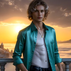The Beautiful Young Men of the Golden City, is a collection of AI generated images of sexy, glamorous, handsome guys in the heavens. In this fantasy photograph of a young men in their late teens and 20's, overlooking a large golden city in the heavens. Generated to be as realistic as possible, in this this fantasy setting, with todays technology. Wearing jeans, an unbuttoned, vibrant, long-sleeve, button down shirt. The subject is enjoying a beautiful day outdoors. The mystical, galactic landscape, and the vibrant cosmic canopies, every detail, from the texture of the clouds, to the magnificent, majestic gothic architecture of the golden city, is crafted to create an atmosphere of reverence and divine glory. With a breathtaking scene, offering warm golden hour lighting. The heavenly landscape evokes a sense of freedom and tranquility, that is expresses through his facial features and smile, as day turns to night. The heavenly landscape evokes a sense of mysterious black space and light, with a vast galaxy that almost covers the image, the stars and constellations sparkle bright, in dark blue sky.