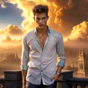 The Beautiful Young Men of the Golden City, is a collection of AI generated images of sexy, glamorous, handsome guys in the heavens. In this fantasy photograph of a young men in their late teens and 20's, overlooking a large golden city in the heavens. Generated to be as realistic as possible, in this this fantasy setting, with todays technology. Wearing jeans, an unbuttoned, vibrant, long-sleeve, button down shirt. The subject is enjoying a beautiful day outdoors. The mystical, galactic landscape, and the vibrant cosmic canopies, every detail, from the texture of the clouds, to the magnificent, majestic gothic architecture of the golden city, is crafted to create an atmosphere of reverence and divine glory. With a breathtaking scene, offering warm golden hour lighting. The heavenly landscape evokes a sense of freedom and tranquility, that is expresses through his facial features and smile, as day turns to night. The heavenly landscape evokes a sense of mysterious black space and light, with a vast galaxy that almost covers the image, the stars and constellations sparkle bright, in dark blue sky.
