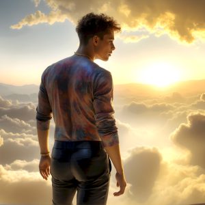 The Beautiful Young Men of the Golden City, is a collection of AI generated images of sexy, glamorous, handsome guys in the heavens. In this fantasy photograph of a young men in their late teens and 20's, overlooking a large golden city in the heavens. Generated to be as realistic as possible, in this this fantasy setting, with todays technology. Wearing jeans, an unbuttoned, vibrant, long-sleeve, button down shirt. The subject is enjoying a beautiful day outdoors. The mystical, galactic landscape, and the vibrant cosmic canopies, every detail, from the texture of the clouds, to the magnificent, majestic gothic architecture of the golden city, is crafted to create an atmosphere of reverence and divine glory. With a breathtaking scene, offering warm golden hour lighting. The heavenly landscape evokes a sense of freedom and tranquility, that is expresses through his facial features and smile, as day turns to night. The heavenly landscape evokes a sense of mysterious black space and light, with a vast galaxy that almost covers the image, the stars and constellations sparkle bright, in dark blue sky.