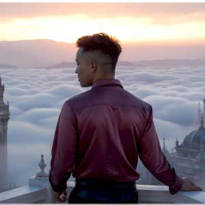 The Beautiful Young Men of the Golden City, is a collection of AI generated images of sexy, glamorous, handsome guys in the heavens. In this fantasy photograph of a young men in their late teens and 20's, overlooking a large golden city in the heavens. Generated to be as realistic as possible, in this this fantasy setting, with todays technology. Wearing jeans, an unbuttoned, vibrant, long-sleeve, button down shirt. The subject is enjoying a beautiful day outdoors. The mystical, galactic landscape, and the vibrant cosmic canopies, every detail, from the texture of the clouds, to the magnificent, majestic gothic architecture of the golden city, is crafted to create an atmosphere of reverence and divine glory. With a breathtaking scene, offering warm golden hour lighting. The heavenly landscape evokes a sense of freedom and tranquility, that is expresses through his facial features and smile, as day turns to night. The heavenly landscape evokes a sense of mysterious black space and light, with a vast galaxy that almost covers the image, the stars and constellations sparkle bright, in dark blue sky.