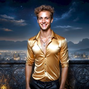 The Beautiful Young Men of the Golden City, is a collection of AI generated images of sexy, glamorous, handsome guys in the heavens. In this fantasy photograph of a young men in their late teens and 20's, overlooking a large golden city in the heavens. Generated to be as realistic as possible, in this this fantasy setting, with todays technology. Wearing jeans, an unbuttoned, vibrant, long-sleeve, button down shirt. The subject is enjoying a beautiful day outdoors. The mystical, galactic landscape, and the vibrant cosmic canopies, every detail, from the texture of the clouds, to the magnificent, majestic gothic architecture of the golden city, is crafted to create an atmosphere of reverence and divine glory. With a breathtaking scene, offering warm golden hour lighting. The heavenly landscape evokes a sense of freedom and tranquility, that is expresses through his facial features and smile, as day turns to night. The heavenly landscape evokes a sense of mysterious black space and light, with a vast galaxy that almost covers the image, the stars and constellations sparkle bright, in dark blue sky.