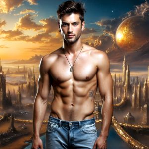 The Beautiful Young Men of the Golden City, is a collection of AI generated images of sexy, glamorous, handsome guys in the heavens. In this fantasy photograph of a young men in their late teens and 20's, overlooking a large golden city in the heavens. Generated to be as realistic as possible, in this this fantasy setting, with todays technology. Wearing jeans, an unbuttoned, vibrant, long-sleeve, button down shirt. The subject is enjoying a beautiful day outdoors. The mystical, galactic landscape, and the vibrant cosmic canopies, every detail, from the texture of the clouds, to the magnificent, majestic gothic architecture of the golden city, is crafted to create an atmosphere of reverence and divine glory. With a breathtaking scene, offering warm golden hour lighting. The heavenly landscape evokes a sense of freedom and tranquility, that is expresses through his facial features and smile, as day turns to night. The heavenly landscape evokes a sense of mysterious black space and light, with a vast galaxy that almost covers the image, the stars and constellations sparkle bright, in dark blue sky.