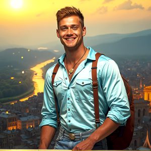 The Beautiful Young Men of the Golden City, is a collection of AI generated images of sexy, glamorous, handsome guys in the heavens. In this fantasy photograph of a young men in their late teens and 20's, overlooking a large golden city in the heavens. Generated to be as realistic as possible, in this this fantasy setting, with todays technology. Wearing jeans, an unbuttoned, vibrant, long-sleeve, button down shirt. The subject is enjoying a beautiful day outdoors. The mystical, galactic landscape, and the vibrant cosmic canopies, every detail, from the texture of the clouds, to the magnificent, majestic gothic architecture of the golden city, is crafted to create an atmosphere of reverence and divine glory. With a breathtaking scene, offering warm golden hour lighting. The heavenly landscape evokes a sense of freedom and tranquility, that is expresses through his facial features and smile, as day turns to night. The heavenly landscape evokes a sense of mysterious black space and light, with a vast galaxy that almost covers the image, the stars and constellations sparkle bright, in dark blue sky.