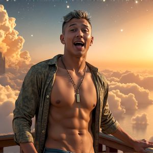 The Beautiful Young Men of the Golden City, is a collection of AI generated images of sexy, glamorous, handsome guys in the heavens. In this fantasy photograph of a young men in their late teens and 20's, overlooking a large golden city in the heavens. Generated to be as realistic as possible, in this this fantasy setting, with todays technology. Wearing jeans, an unbuttoned, vibrant, long-sleeve, button down shirt. The subject is enjoying a beautiful day outdoors. The mystical, galactic landscape, and the vibrant cosmic canopies, every detail, from the texture of the clouds, to the magnificent, majestic gothic architecture of the golden city, is crafted to create an atmosphere of reverence and divine glory. With a breathtaking scene, offering warm golden hour lighting. The heavenly landscape evokes a sense of freedom and tranquility, that is expresses through his facial features and smile, as day turns to night. The heavenly landscape evokes a sense of mysterious black space and light, with a vast galaxy that almost covers the image, the stars and constellations sparkle bright, in dark blue sky.