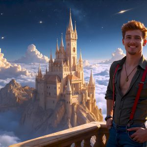 The Beautiful Young Men of the Golden City, is a collection of AI generated images of sexy, glamorous, handsome guys in the heavens. In this fantasy photograph of a young men in their late teens and 20's, overlooking a large golden city in the heavens. Generated to be as realistic as possible, in this this fantasy setting, with todays technology. Wearing jeans, an unbuttoned, vibrant, long-sleeve, button down shirt. The subject is enjoying a beautiful day outdoors. The mystical, galactic landscape, and the vibrant cosmic canopies, every detail, from the texture of the clouds, to the magnificent, majestic gothic architecture of the golden city, is crafted to create an atmosphere of reverence and divine glory. With a breathtaking scene, offering warm golden hour lighting. The heavenly landscape evokes a sense of freedom and tranquility, that is expresses through his facial features and smile, as day turns to night. The heavenly landscape evokes a sense of mysterious black space and light, with a vast galaxy that almost covers the image, the stars and constellations sparkle bright, in dark blue sky.