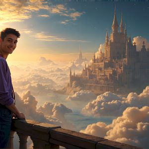 The Beautiful Young Men of the Golden City, is a collection of AI generated images of sexy, glamorous, handsome guys in the heavens. In this fantasy photograph of a young men in their late teens and 20's, overlooking a large golden city in the heavens. Generated to be as realistic as possible, in this this fantasy setting, with todays technology. Wearing jeans, an unbuttoned, vibrant, long-sleeve, button down shirt. The subject is enjoying a beautiful day outdoors. The mystical, galactic landscape, and the vibrant cosmic canopies, every detail, from the texture of the clouds, to the magnificent, majestic gothic architecture of the golden city, is crafted to create an atmosphere of reverence and divine glory. With a breathtaking scene, offering warm golden hour lighting. The heavenly landscape evokes a sense of freedom and tranquility, that is expresses through his facial features and smile, as day turns to night. The heavenly landscape evokes a sense of mysterious black space and light, with a vast galaxy that almost covers the image, the stars and constellations sparkle bright, in dark blue sky.