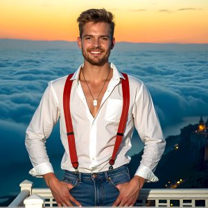 The Beautiful Young Men of the Golden City, is a collection of AI generated images of sexy, glamorous, handsome guys in the heavens. In this fantasy photograph of a young men in their late teens and 20's, overlooking a large golden city in the heavens. Generated to be as realistic as possible, in this this fantasy setting, with todays technology. Wearing jeans, an unbuttoned, vibrant, long-sleeve, button down shirt. The subject is enjoying a beautiful day outdoors. The mystical, galactic landscape, and the vibrant cosmic canopies, every detail, from the texture of the clouds, to the magnificent, majestic gothic architecture of the golden city, is crafted to create an atmosphere of reverence and divine glory. With a breathtaking scene, offering warm golden hour lighting. The heavenly landscape evokes a sense of freedom and tranquility, that is expresses through his facial features and smile, as day turns to night. The heavenly landscape evokes a sense of mysterious black space and light, with a vast galaxy that almost covers the image, the stars and constellations sparkle bright, in dark blue sky.