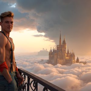 The Beautiful Young Men of the Golden City, is a collection of AI generated images of sexy, glamorous, handsome guys in the heavens. In this fantasy photograph of a young men in their late teens and 20's, overlooking a large golden city in the heavens. Generated to be as realistic as possible, in this this fantasy setting, with todays technology. Wearing jeans, an unbuttoned, vibrant, long-sleeve, button down shirt. The subject is enjoying a beautiful day outdoors. The mystical, galactic landscape, and the vibrant cosmic canopies, every detail, from the texture of the clouds, to the magnificent, majestic gothic architecture of the golden city, is crafted to create an atmosphere of reverence and divine glory. With a breathtaking scene, offering warm golden hour lighting. The heavenly landscape evokes a sense of freedom and tranquility, that is expresses through his facial features and smile, as day turns to night. The heavenly landscape evokes a sense of mysterious black space and light, with a vast galaxy that almost covers the image, the stars and constellations sparkle bright, in dark blue sky.