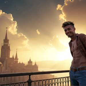 The Beautiful Young Men of the Golden City, is a collection of AI generated images of sexy, glamorous, handsome guys in the heavens. In this fantasy photograph of a young men in their late teens and 20's, overlooking a large golden city in the heavens. Generated to be as realistic as possible, in this this fantasy setting, with todays technology. Wearing jeans, an unbuttoned, vibrant, long-sleeve, button down shirt. The subject is enjoying a beautiful day outdoors. The mystical, galactic landscape, and the vibrant cosmic canopies, every detail, from the texture of the clouds, to the magnificent, majestic gothic architecture of the golden city, is crafted to create an atmosphere of reverence and divine glory. With a breathtaking scene, offering warm golden hour lighting. The heavenly landscape evokes a sense of freedom and tranquility, that is expresses through his facial features and smile, as day turns to night. The heavenly landscape evokes a sense of mysterious black space and light, with a vast galaxy that almost covers the image, the stars and constellations sparkle bright, in dark blue sky.