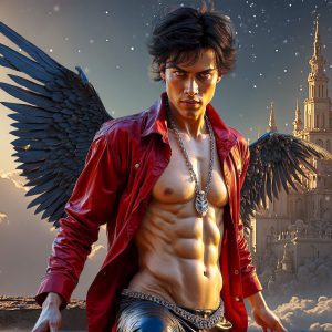 The Beautiful Young Men of the Golden City, is a collection of AI generated images of sexy, glamorous, handsome guys in the heavens. In this fantasy photograph of a young men in their late teens and 20's, overlooking a large golden city in the heavens. Generated to be as realistic as possible, in this this fantasy setting, with todays technology. Wearing jeans, an unbuttoned, vibrant, long-sleeve, button down shirt. The subject is enjoying a beautiful day outdoors. The mystical, galactic landscape, and the vibrant cosmic canopies, every detail, from the texture of the clouds, to the magnificent, majestic gothic architecture of the golden city, is crafted to create an atmosphere of reverence and divine glory. With a breathtaking scene, offering warm golden hour lighting. The heavenly landscape evokes a sense of freedom and tranquility, that is expresses through his facial features and smile, as day turns to night. The heavenly landscape evokes a sense of mysterious black space and light, with a vast galaxy that almost covers the image, the stars and constellations sparkle bright, in dark blue sky.
