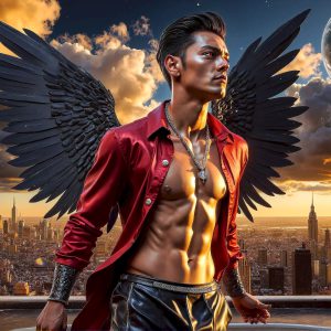 The Beautiful Young Men of the Golden City, is a collection of AI generated images of sexy, glamorous, handsome guys in the heavens. In this fantasy photograph of a young men in their late teens and 20's, overlooking a large golden city in the heavens. Generated to be as realistic as possible, in this this fantasy setting, with todays technology. Wearing jeans, an unbuttoned, vibrant, long-sleeve, button down shirt. The subject is enjoying a beautiful day outdoors. The mystical, galactic landscape, and the vibrant cosmic canopies, every detail, from the texture of the clouds, to the magnificent, majestic gothic architecture of the golden city, is crafted to create an atmosphere of reverence and divine glory. With a breathtaking scene, offering warm golden hour lighting. The heavenly landscape evokes a sense of freedom and tranquility, that is expresses through his facial features and smile, as day turns to night. The heavenly landscape evokes a sense of mysterious black space and light, with a vast galaxy that almost covers the image, the stars and constellations sparkle bright, in dark blue sky.