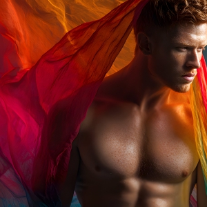 AI-generated art capturing men in a rainbow of colors creates a striking visual impact, blending surreal, vibrant, and high-fashion elements. Featuring artwork of beautiful, shirtless, muscular men embellished with or surrounded by a vibrant rainbow palette, evoking themes of pride, vitality, and artistic expression.