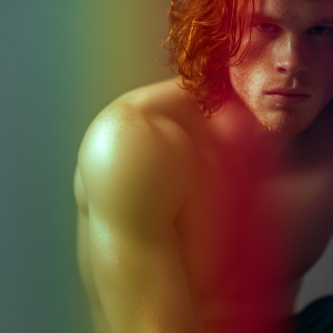 AI-generated art capturing men in a rainbow of colors creates a striking visual impact, blending surreal, vibrant, and high-fashion elements. Featuring artwork of beautiful, shirtless, muscular men embellished with or surrounded by a vibrant rainbow palette, evoking themes of pride, vitality, and artistic expression.