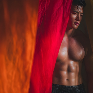 AI-generated art capturing men in a rainbow of colors creates a striking visual impact, blending surreal, vibrant, and high-fashion elements. Featuring artwork of beautiful, shirtless, muscular men embellished with or surrounded by a vibrant rainbow palette, evoking themes of pride, vitality, and artistic expression.