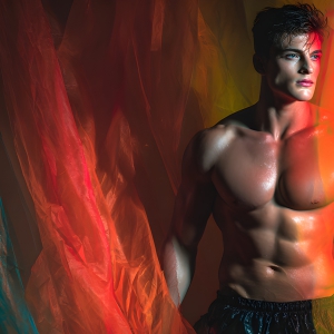 AI-generated art capturing men in a rainbow of colors creates a striking visual impact, blending surreal, vibrant, and high-fashion elements. Featuring artwork of beautiful, shirtless, muscular men embellished with or surrounded by a vibrant rainbow palette, evoking themes of pride, vitality, and artistic expression.