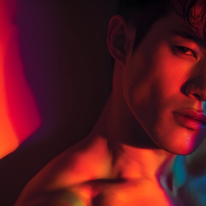 AI-generated art capturing men in a rainbow of colors creates a striking visual impact, blending surreal, vibrant, and high-fashion elements. Featuring artwork of beautiful, shirtless, muscular men embellished with or surrounded by a vibrant rainbow palette, evoking themes of pride, vitality, and artistic expression.