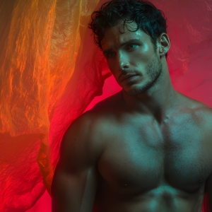AI-generated art capturing men in a rainbow of colors creates a striking visual impact, blending surreal, vibrant, and high-fashion elements. Featuring artwork of beautiful, shirtless, muscular men embellished with or surrounded by a vibrant rainbow palette, evoking themes of pride, vitality, and artistic expression.