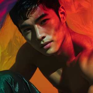 AI-generated art capturing men in a rainbow of colors creates a striking visual impact, blending surreal, vibrant, and high-fashion elements. Featuring artwork of beautiful, shirtless, muscular men embellished with or surrounded by a vibrant rainbow palette, evoking themes of pride, vitality, and artistic expression.