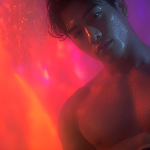 AI-generated art capturing men in a rainbow of colors creates a striking visual impact, blending surreal, vibrant, and high-fashion elements. Featuring artwork of beautiful, shirtless, muscular men embellished with or surrounded by a vibrant rainbow palette, evoking themes of pride, vitality, and artistic expression.