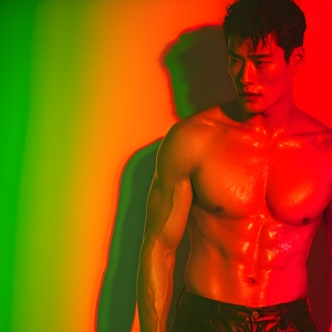 AI-generated art capturing men in a rainbow of colors creates a striking visual impact, blending surreal, vibrant, and high-fashion elements. Featuring artwork of beautiful, shirtless, muscular men embellished with or surrounded by a vibrant rainbow palette, evoking themes of pride, vitality, and artistic expression.