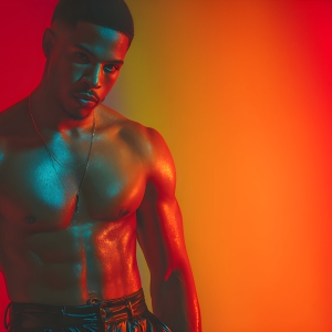 AI-generated art capturing men in a rainbow of colors creates a striking visual impact, blending surreal, vibrant, and high-fashion elements. Featuring artwork of beautiful, shirtless, muscular men embellished with or surrounded by a vibrant rainbow palette, evoking themes of pride, vitality, and artistic expression.