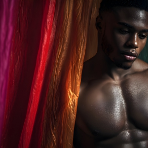 AI-generated art capturing men in a rainbow of colors creates a striking visual impact, blending surreal, vibrant, and high-fashion elements. Featuring artwork of beautiful, shirtless, muscular men embellished with or surrounded by a vibrant rainbow palette, evoking themes of pride, vitality, and artistic expression.