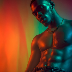 AI-generated art capturing men in a rainbow of colors creates a striking visual impact, blending surreal, vibrant, and high-fashion elements. Featuring artwork of beautiful, shirtless, muscular men embellished with or surrounded by a vibrant rainbow palette, evoking themes of pride, vitality, and artistic expression.