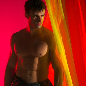 AI-generated art capturing men in a rainbow of colors creates a striking visual impact, blending surreal, vibrant, and high-fashion elements. Featuring artwork of beautiful, shirtless, muscular men embellished with or surrounded by a vibrant rainbow palette, evoking themes of pride, vitality, and artistic expression.