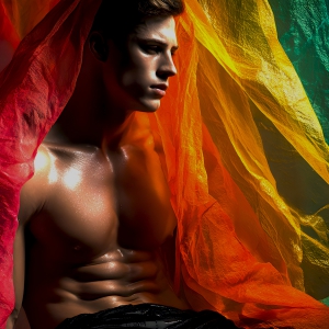 AI-generated art capturing men in a rainbow of colors creates a striking visual impact, blending surreal, vibrant, and high-fashion elements. Featuring artwork of beautiful, shirtless, muscular men embellished with or surrounded by a vibrant rainbow palette, evoking themes of pride, vitality, and artistic expression.