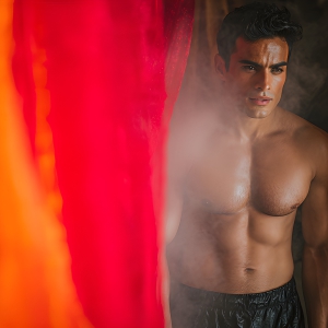 AI-generated art capturing men in a rainbow of colors creates a striking visual impact, blending surreal, vibrant, and high-fashion elements. Featuring artwork of beautiful, shirtless, muscular men embellished with or surrounded by a vibrant rainbow palette, evoking themes of pride, vitality, and artistic expression.