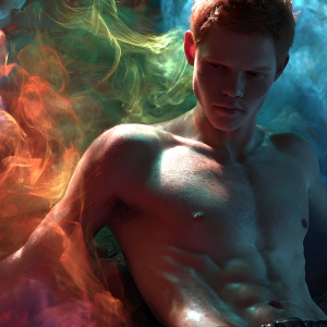 AI-generated art capturing men in a rainbow of colors creates a striking visual impact, blending surreal, vibrant, and high-fashion elements. Featuring artwork of beautiful, shirtless, muscular men embellished with or surrounded by a vibrant rainbow palette, evoking themes of pride, vitality, and artistic expression.