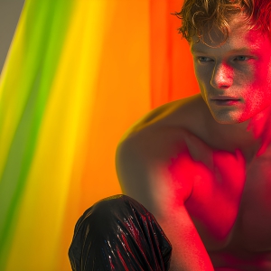 AI-generated art capturing men in a rainbow of colors creates a striking visual impact, blending surreal, vibrant, and high-fashion elements. Featuring artwork of beautiful, shirtless, muscular men embellished with or surrounded by a vibrant rainbow palette, evoking themes of pride, vitality, and artistic expression.