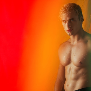 AI-generated art capturing men in a rainbow of colors creates a striking visual impact, blending surreal, vibrant, and high-fashion elements. Featuring artwork of beautiful, shirtless, muscular men embellished with or surrounded by a vibrant rainbow palette, evoking themes of pride, vitality, and artistic expression.