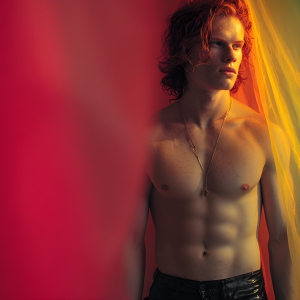 AI-generated art capturing men in a rainbow of colors creates a striking visual impact, blending surreal, vibrant, and high-fashion elements. Featuring artwork of beautiful, shirtless, muscular men embellished with or surrounded by a vibrant rainbow palette, evoking themes of pride, vitality, and artistic expression.