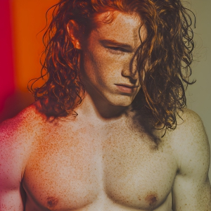 AI-generated art capturing men in a rainbow of colors creates a striking visual impact, blending surreal, vibrant, and high-fashion elements. Featuring artwork of beautiful, shirtless, muscular men embellished with or surrounded by a vibrant rainbow palette, evoking themes of pride, vitality, and artistic expression.